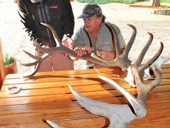 Celebrate the spirit of teamwork and the beauty of nature at Red Stag Patagonia, as two men display a stunning deer antler, representing their shared achievement