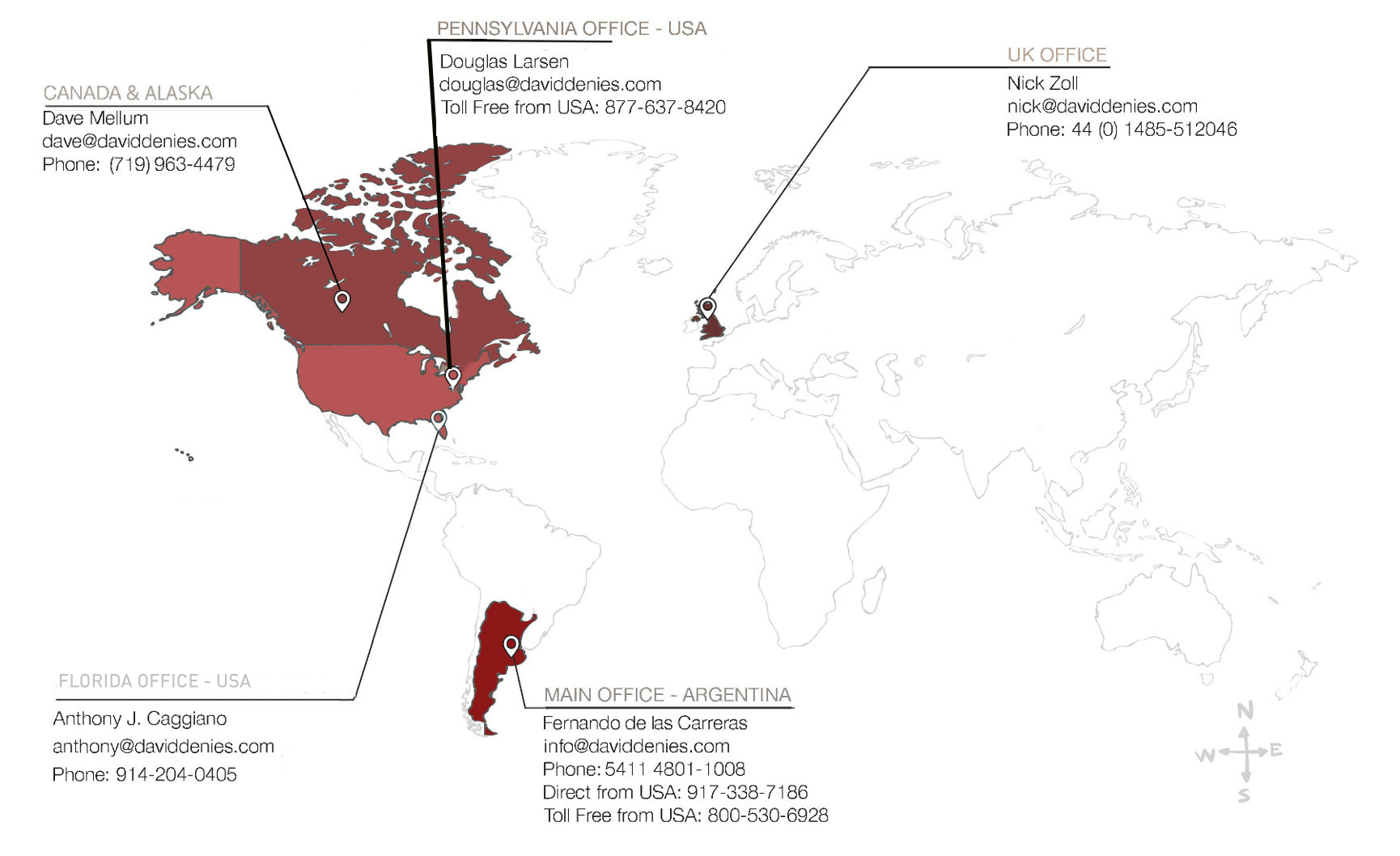 map of the world with red stag patagonia offices locations.